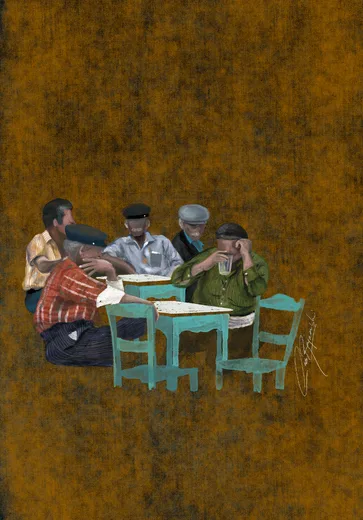 Digital painting of five men gathered around café tables