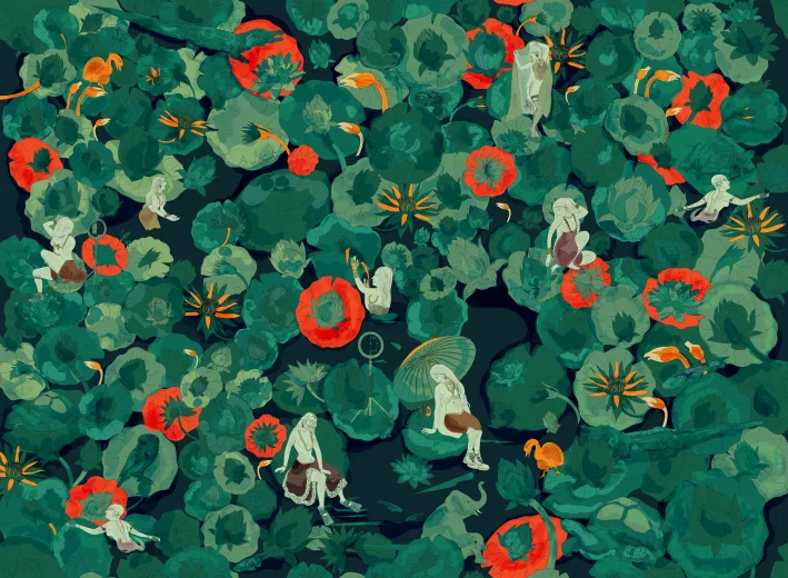 Digital fresco of lotus leaves and flowers in deep greens and orange