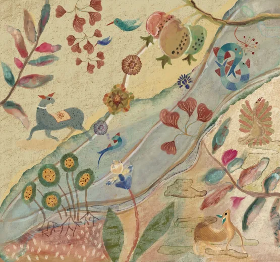 Painted botanical scene of birds, leaves, pomegranates and animals