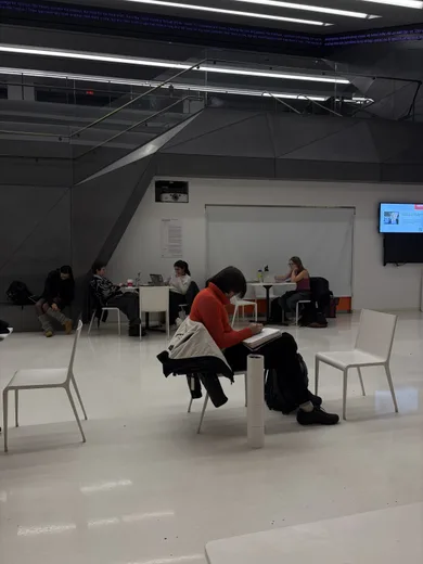 A person studying alone in a large white room