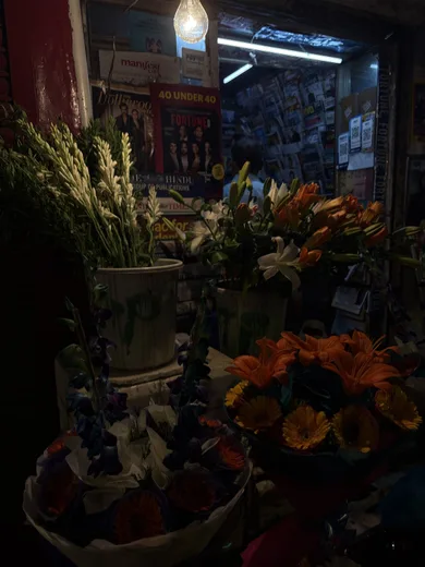 A night flower stall with gladioli and lilies