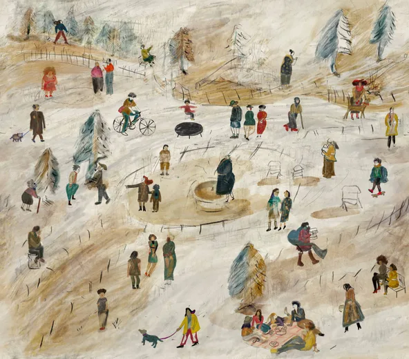 Painted aerial view of a park, with people walking, cycling, skating and picnicking around a central fountain